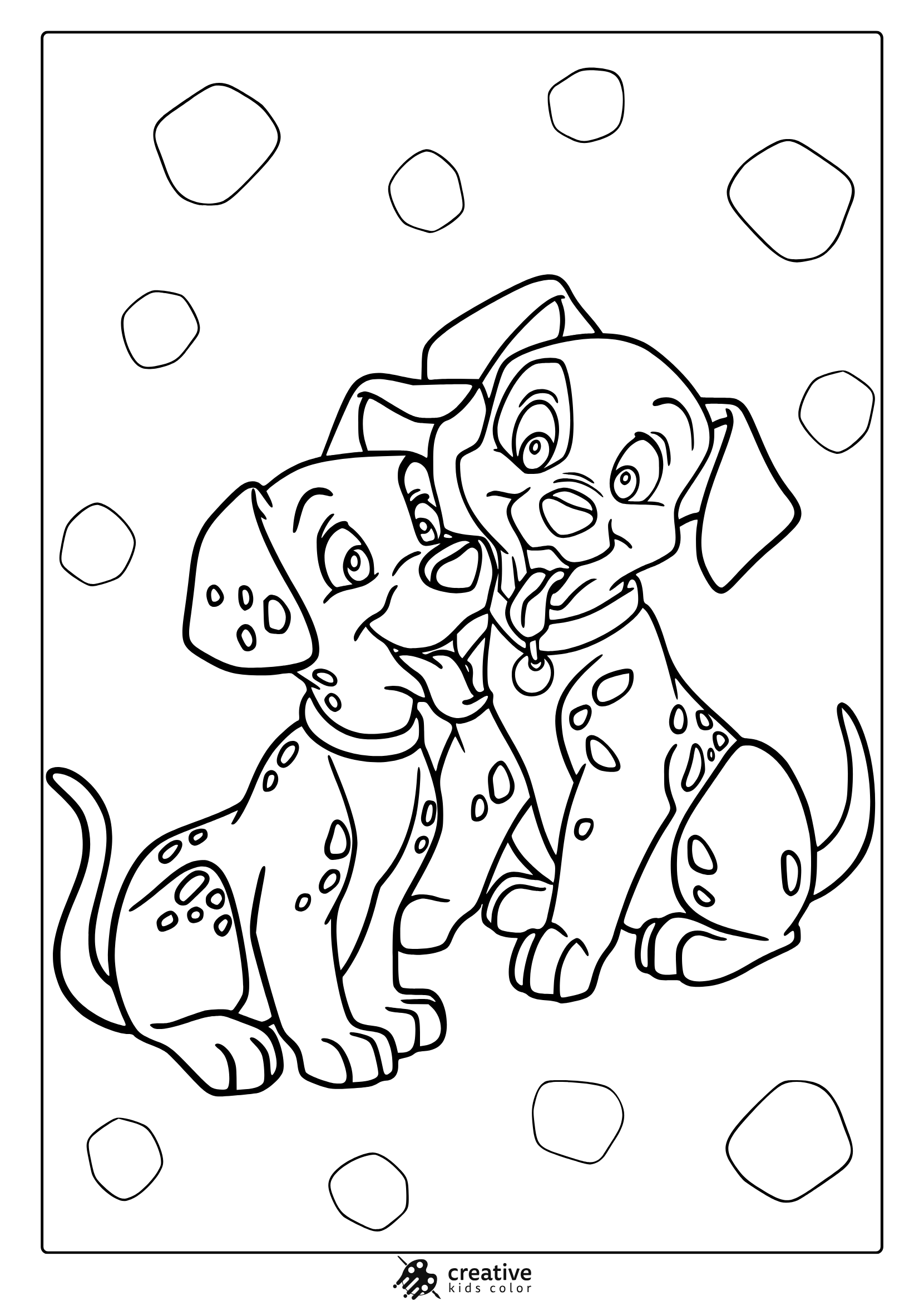 Dalmatian Puppies Coloring Page Sitting Together.