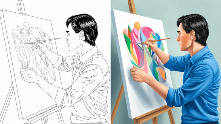 Coloring Page Cover With A Man Painting, Left Shows The Sketch And Right Shows The Fully Colored Scene.
