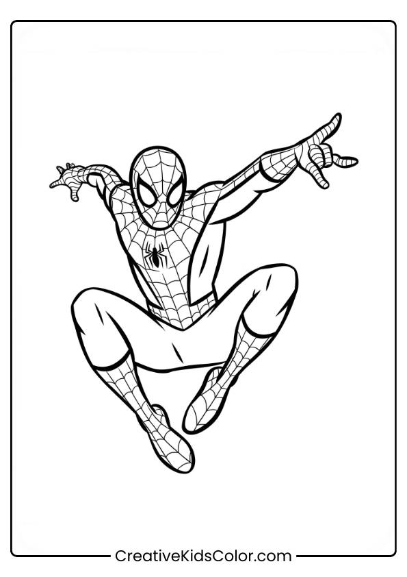 Spiderman Ausmalbild Mit Spiderman, Der Mit Einer Hand Nach Vorne Schwingt, In Seinem Netzanzug, Vor Einem Schlichten Hintergrund.
