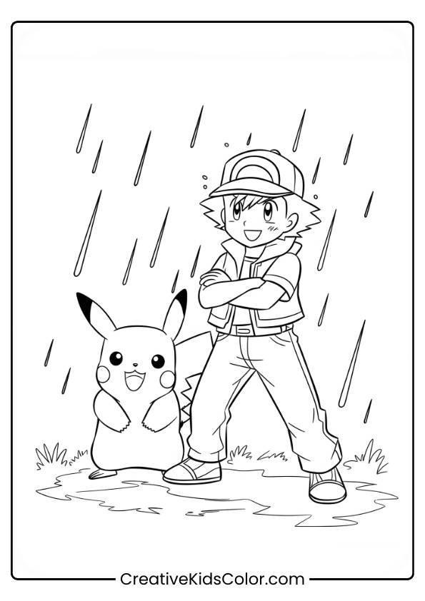 Pokémon Ausmalbild Mit Ash Ketchum, Der Selbstbewusst Mit Pikachu In Einer Regnerischen Outdoor-Kulisse Steht.
