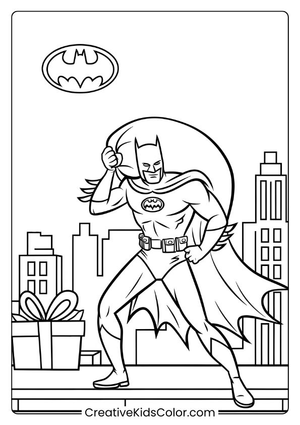 Batman In Gotham With A Festive Gift, Bringing Holiday Cheer On This Unique Christmas Coloring Page.