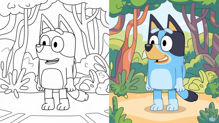 Coloring Page Cover Of Bluey, Left Side In Black And White, Right Side Colored In A Fun, Nature-Filled Scene.