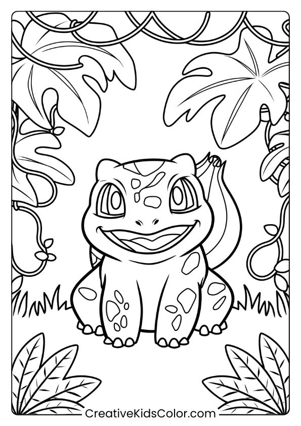 Pokémon Ausmalbild Mit Bisasam In Einer Dschungelumgebung, Umgeben Von Großen Blättern Und Pflanzen.