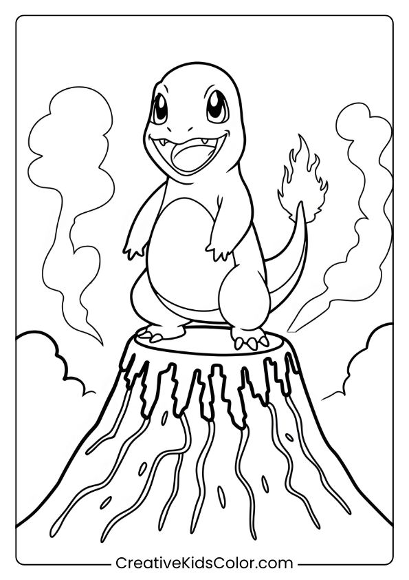 Pokémon Ausmalbild Mit Glumanda Auf Einem Vulkan, Mit Brennender Schweifspitze, Lächelnd Unter Klarem Himmel.
