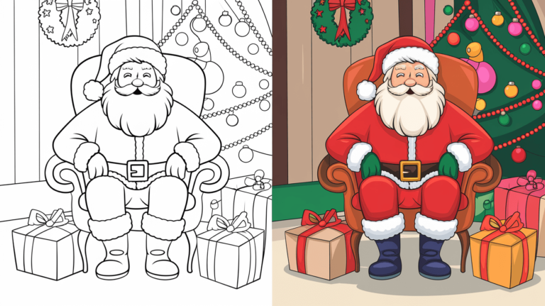 Coloring Page Cover Of Santa, Left Side In Black And White, Right Side Fully Colored In A Festive Christmas Scene.