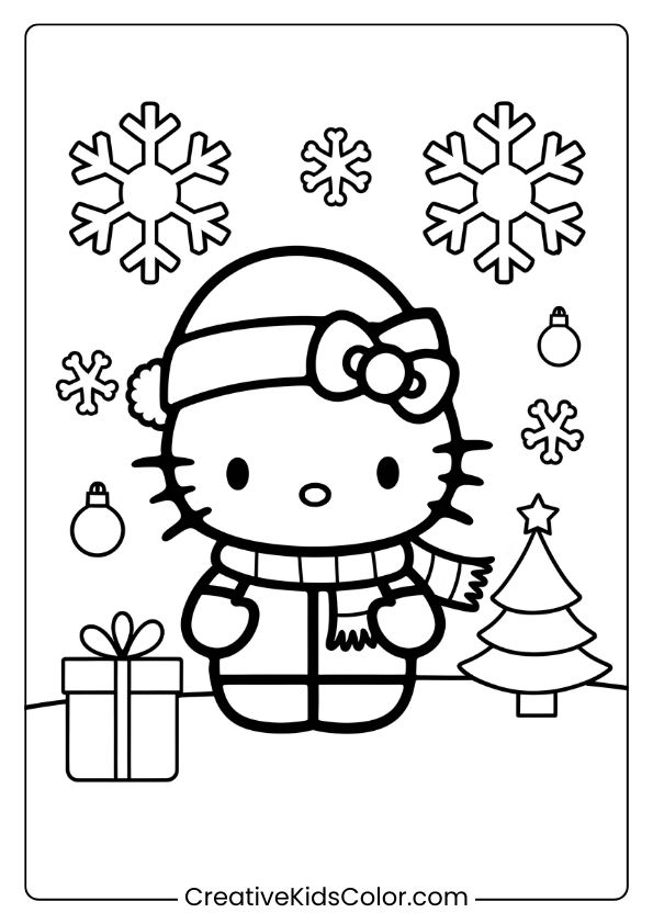 A Festive Hello Kitty Coloring Page With Winter Attire, A Snowy Backdrop, And Christmas Details Perfect For The Holidays!