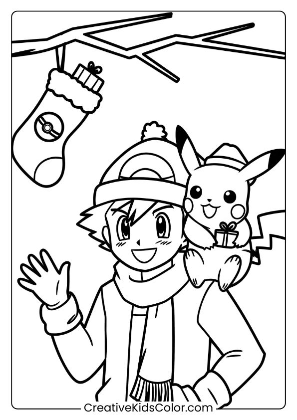 Festliches Pokémon Ausmalbild Mit Ash Und Pikachu, Die Weihnachten Genießen, Perfekt Für Kreativen Feiertagsspaß.
