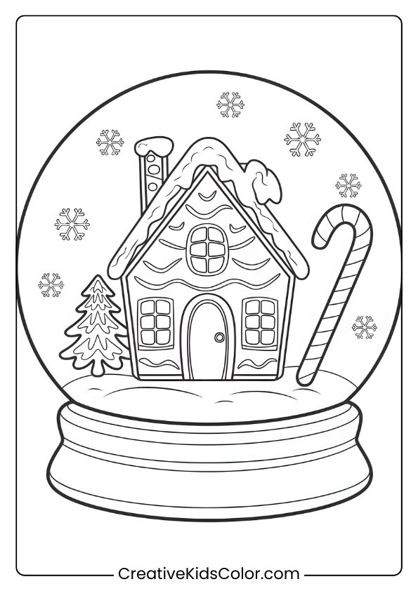 Christmas Snow Globe Coloring Page With A Gingerbread House And Wintery Details, Ready For Creative Coloring.