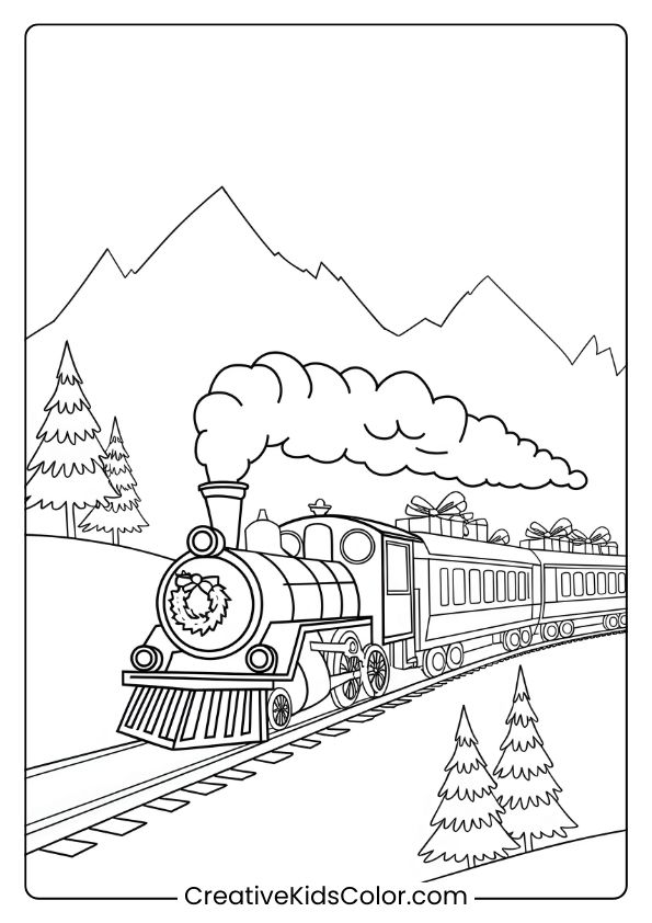 A Christmas Train With A Wreath Travels Through Snowy Mountains, Carrying Gifts On This Scenic Coloring Page.