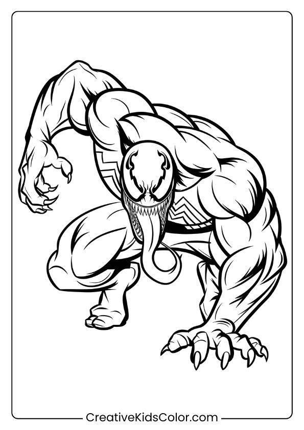 Classic Venom Pose Coloring Page, Showing Venom In An Attacking Stance.