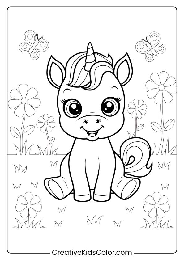 Einhorn Ausmalbild Mit Einem Baby Einhorn Auf Einer Wiese, Umgeben Von Schmetterlingen, Blumen Und Gras.
