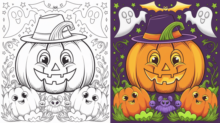 Coloring Page Cover With A Pumpkin, Left Side Uncolored, Right Side In A Fun, Spooky Halloween Scene.