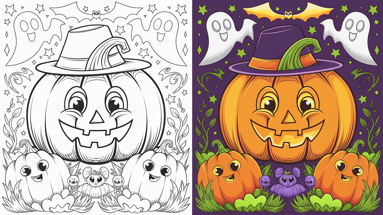 Coloring Page Cover With A Pumpkin, Left Side Uncolored, Right Side In A Fun, Spooky Halloween Scene.