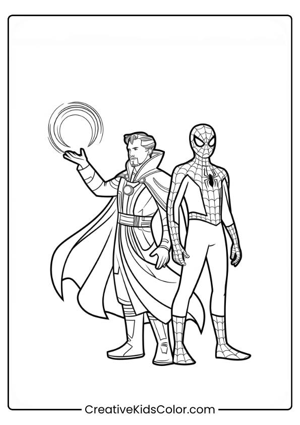 Spiderman Ausmalbild Mit Doctor Strange, Der Einen Zauber Wirkt, Und Spiderman, Der Kampfbereit Neben Ihm Steht.
