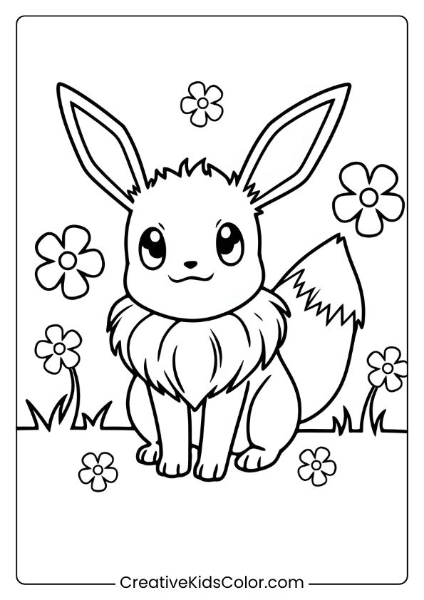 Pokémon Ausmalbild Mit Evoli Auf Einer Blühenden Wiese, Umgeben Von Blumen Und Grüner Natur.
