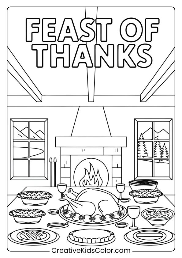 Thanksgiving Feast With Turkey, Pies, And Mountain Views In This Cozy Coloring Page.