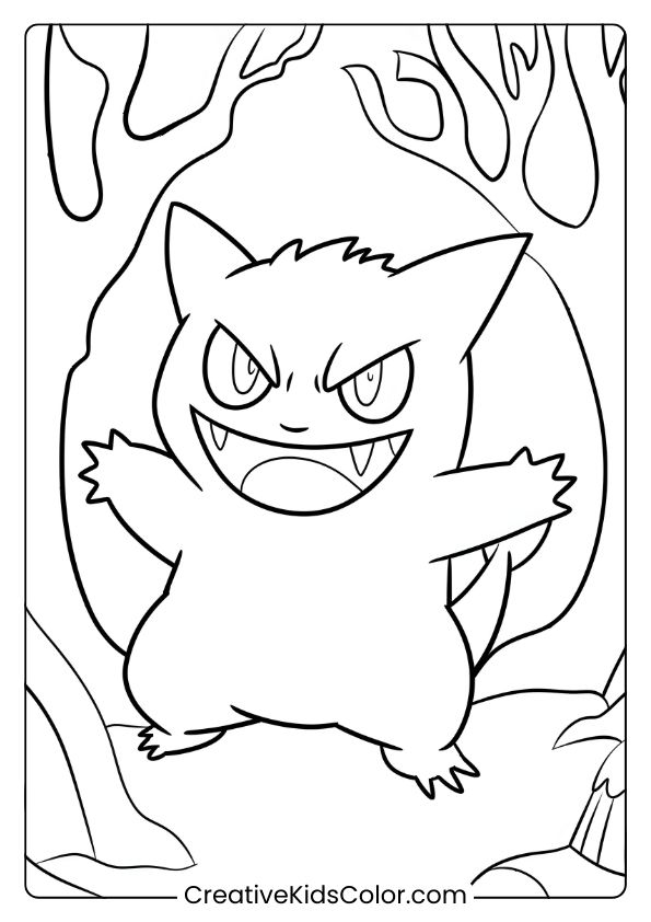 Pokémon Ausmalbild Mit Gengar In Einem Spukwald, Umgeben Von Verdrehten Bäumen.

