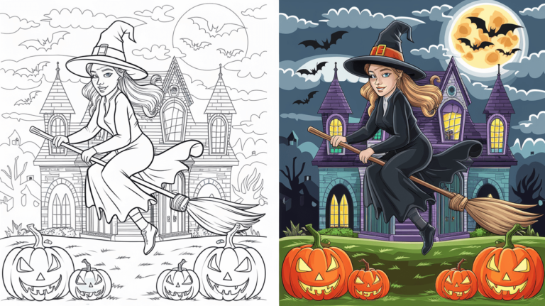 Coloring Page Cover Of A Witch, Left Side Uncolored, Right Side In Full Halloween Colors With A Haunted Mansion.