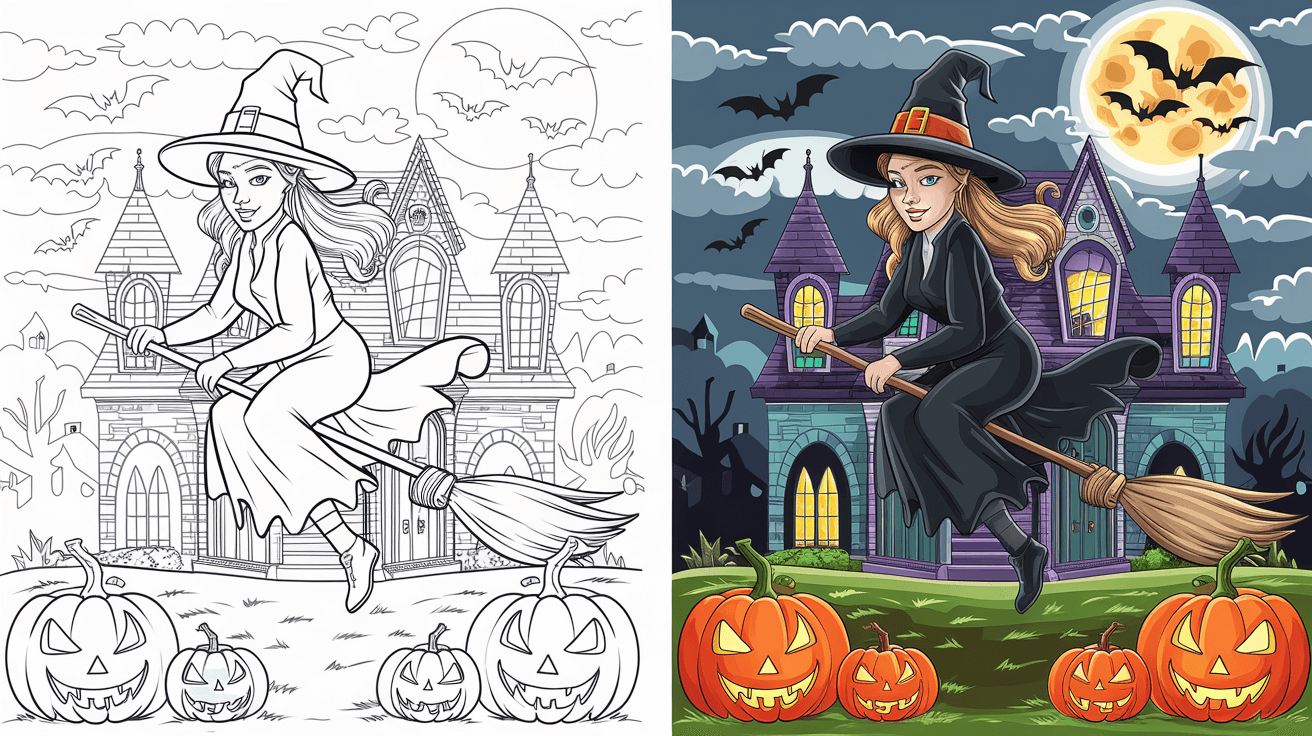 Coloring Page Cover Of A Witch, Left Side Uncolored, Right Side In Full Halloween Colors With A Haunted Mansion.