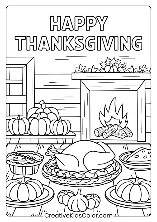Thanksgiving Feast With Turkey And A Fireplace In A Cozy Cabin On This Festive Coloring Page.