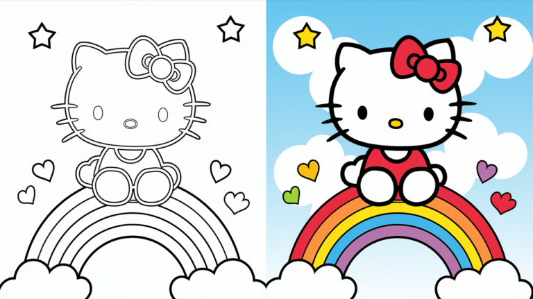 Coloring Page Cover Of Hello Kitty, Left Side Uncolored, Right Side Fully Colored On A Cloud With A Rainbow.