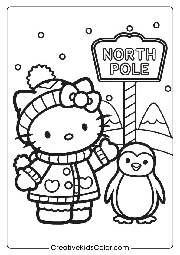 Hello Kitty At The North Pole With Snowflakes, A Penguin, And Warm Attire On This Wintry Coloring Page.