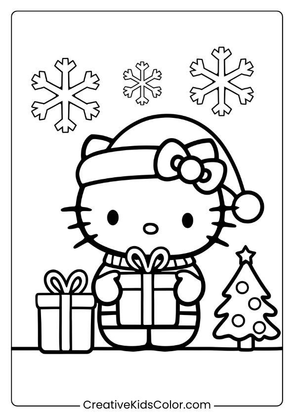 A Delightful Christmas Hello Kitty Coloring Page Featuring Festive Attire, A Decorated Tree, And Snowy Details For Creative Fun.
