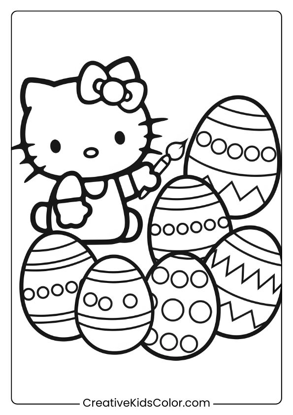 Hello Kitty Paints Easter Eggs With Stripes, Dots, And Zigzags On This Festive Coloring Page.