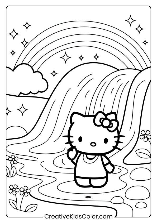 Hello Kitty At A Rainbow Waterfall With Clouds, Stars, And Flowers On This Magical Coloring Page.