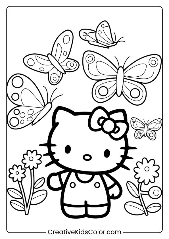 Hello Kitty In A Butterfly Garden With Flowers And Butterflies On This Nature-Themed Coloring Page.