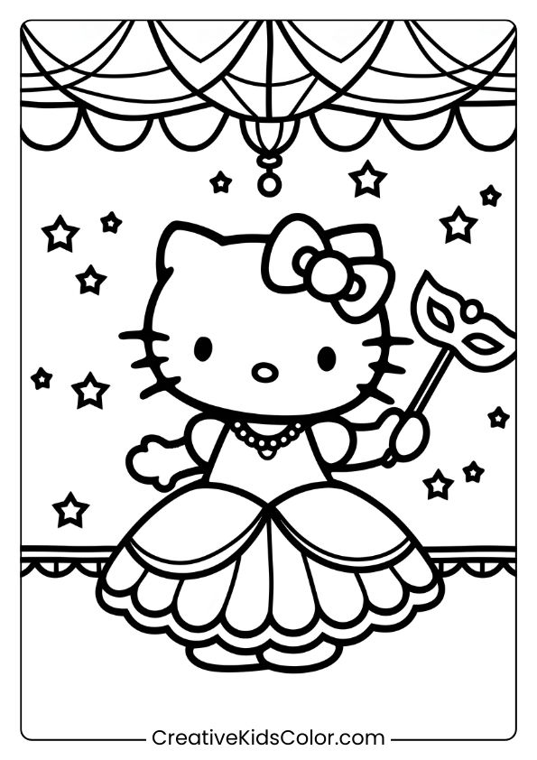 Hello Kitty At A Fairytale Masquerade Ball With A Mask, Stars, And Gown On This Enchanting Coloring Page.