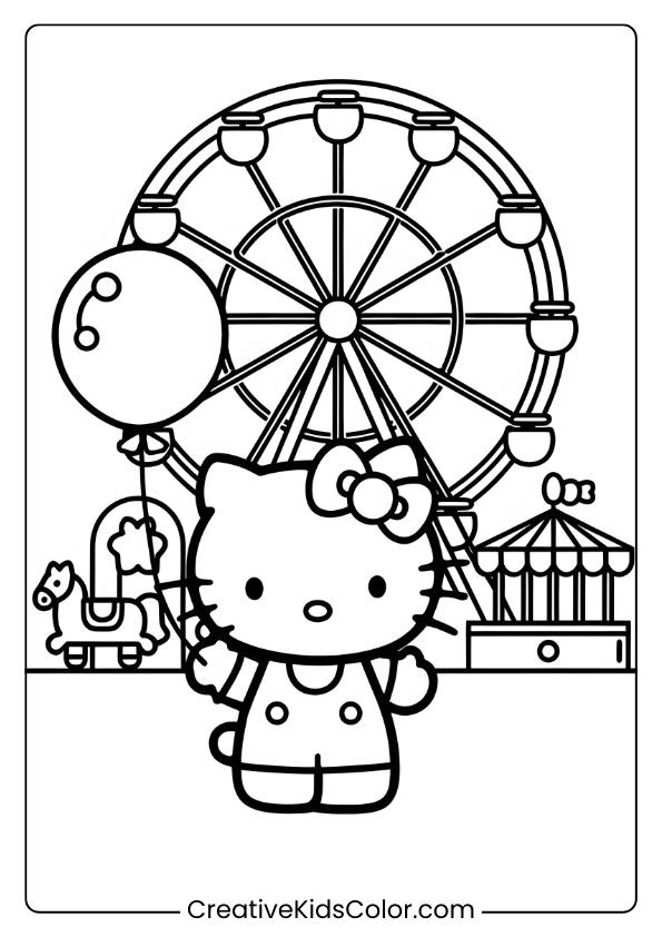 Hello Kitty At An Amusement Park With A Ferris Wheel, Balloon, And Carousel Horse On This Joyful Coloring Page.