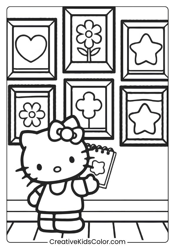 Hello Kitty At An Art Gallery With Framed Pictures And A Notepad On This Art-Themed Coloring Page.