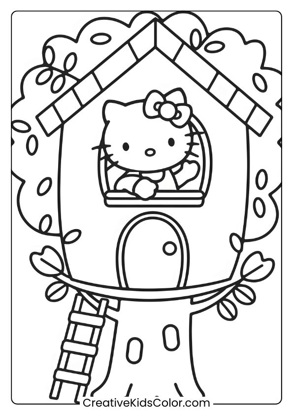 Hello Kitty In A Cozy Treehouse With A Ladder, Leaves, And Window View On This Nature-Inspired Coloring Page.