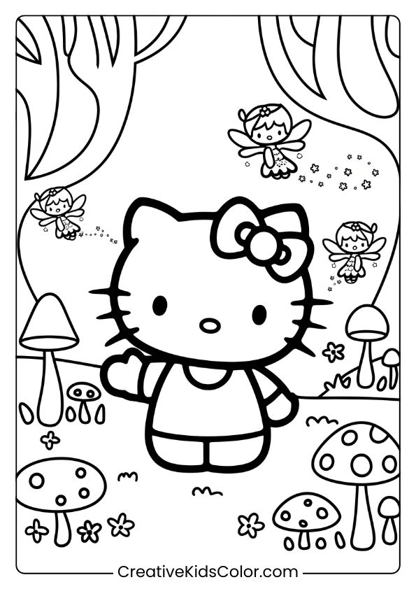 Hello Kitty Encounters Fairies And Mushrooms In A Whimsical Forest On This Enchanting Coloring Page.