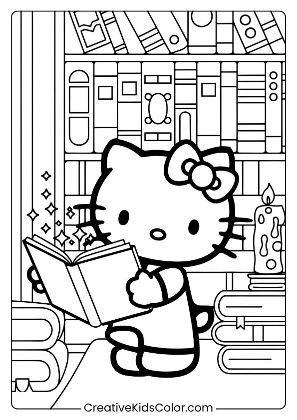 Hello Kitty In A Magical Library With Shelves Of Books And A Candle On This Calming Coloring Page.