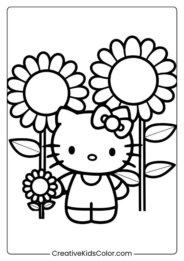 Hello Kitty In A Field Of Sunflowers, Surrounded By Tall Blooms On This Cheerful Coloring Page.