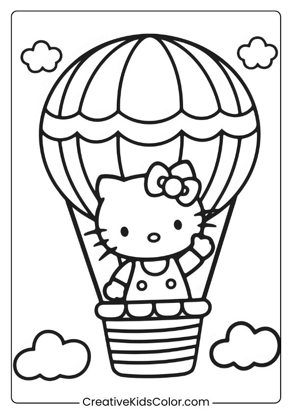 Hello Kitty On A Hot Air Balloon Ride With Wavy Patterns And Clouds In This Sky-High Coloring Page.