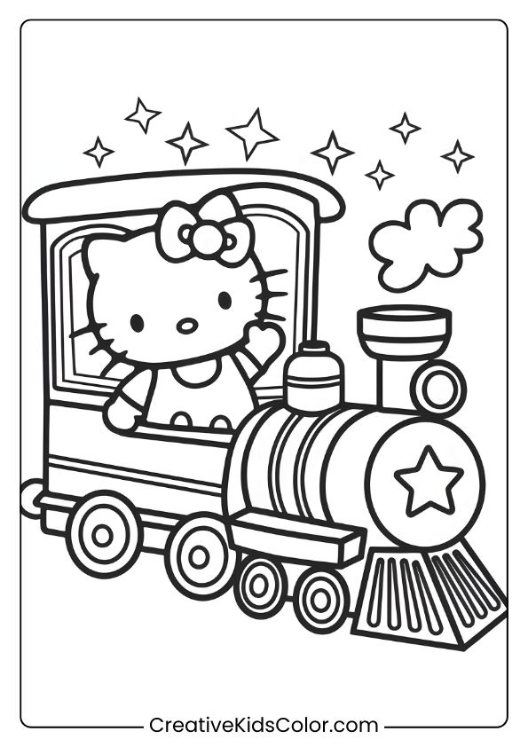 Hello Kitty Rides A Magical Toy Train With Stars And Clouds On This Playful Coloring Page.
