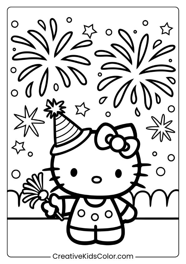 Hello Kitty On New Year'S Eve With Fireworks, Stars, And A Party Hat In This Festive Coloring Page.