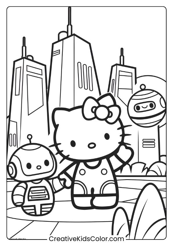 Hello Kitty And Robots In A Vibrant Futuristic Cityscape On This Tech-Inspired Coloring Page.