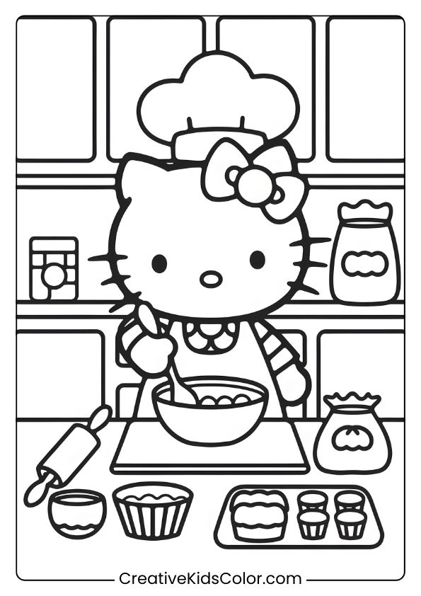 Hello Kitty Bakes Treats In The Kitchen, With A Rolling Pin, Cupcakes, And Jars In This Culinary Coloring Page.