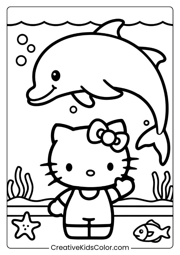 Hello Kitty Visits The Aquarium, Surrounded By A Dolphin, Fish, And Starfish In This Ocean-Themed Coloring Page.