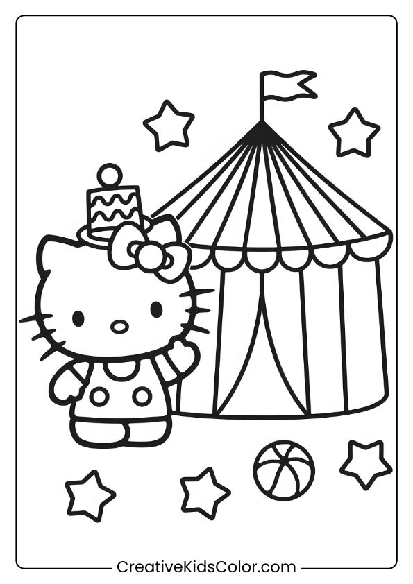 Hello Kitty At A Circus With A Striped Tent, Stars, And A Ball In This Playful Coloring Page.