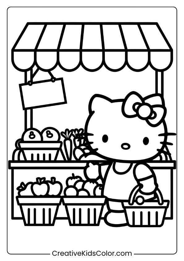 Hello Kitty At A Farmer’s Market With Baskets Of Fruits And Vegetables On This Harvest-Themed Coloring Page.