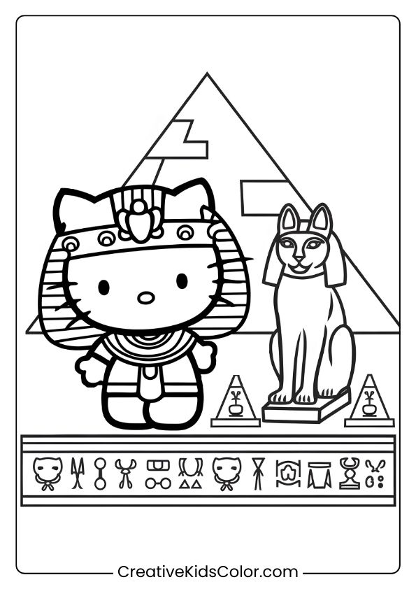 Hello Kitty Embraces Ancient Egypt As A Pharaoh With Hieroglyphics And Pyramids In This Historical Coloring Page.
