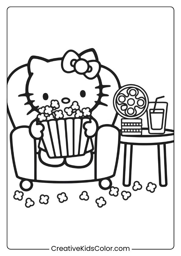 Hello Kitty On A Movie Night With A Tub Of Popcorn, Drink, And Film Reel In This Cozy Coloring Page.