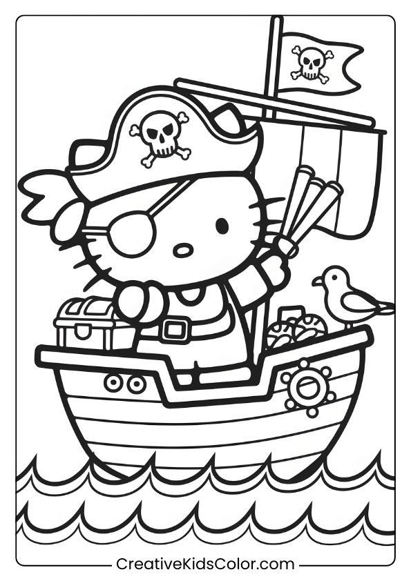 Hello Kitty Becomes A Pirate On A Ship With A Parrot, Treasure, And Flag On This Adventurous Coloring Page.