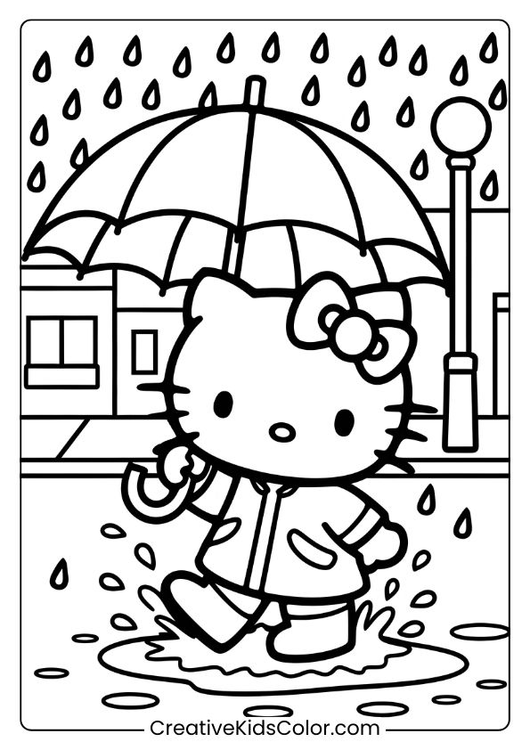 Hello Kitty Walks In The Rain With An Umbrella, Raincoat, And Boots On This Cozy Rainy-Day Coloring Page.