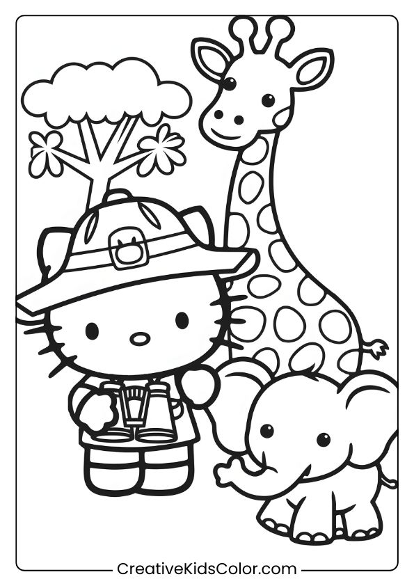 Hello Kitty Embarks On A Safari Adventure With A Giraffe, Elephant, And Savannah Landscape On This Wild Coloring Page.